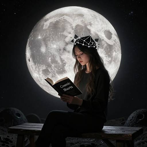 Photograph-style digital art: Young woman with long brown hair, wearing a black crown, reads 