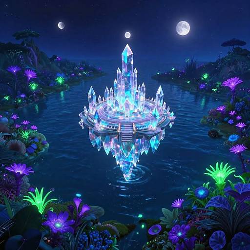 Glowing crystal island floating in a moonlit, bioluminescent lake surrounded by vibrant, neon-colored flowers under a starry night sky.