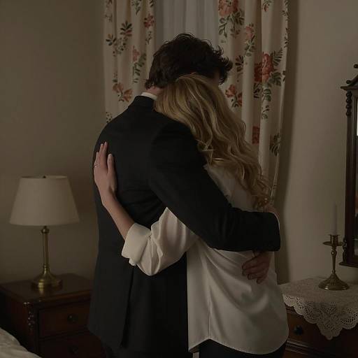 Intimate Embrace in Dimly Lit Bedroom