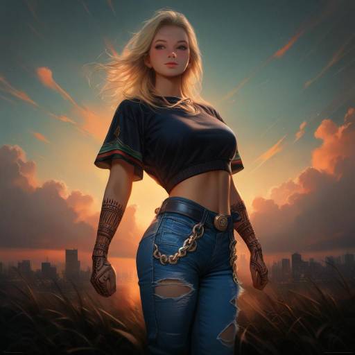 Blonde Girl in Summer Cityscape Sunset