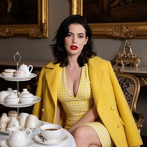 Photograph of a pale-skinned woman with red lipstick, black wavy hair, yellow checkered dress, and yellow coat, sitting at a tea