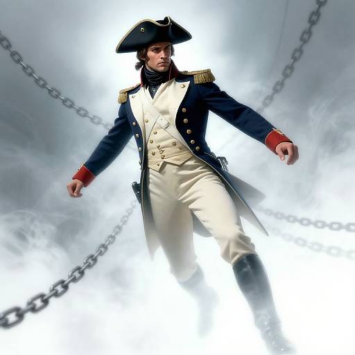 Photorealistic digital image of a stern, muscular man in 18th-century naval uniform with tricorn hat, standing amid chains and white mist.