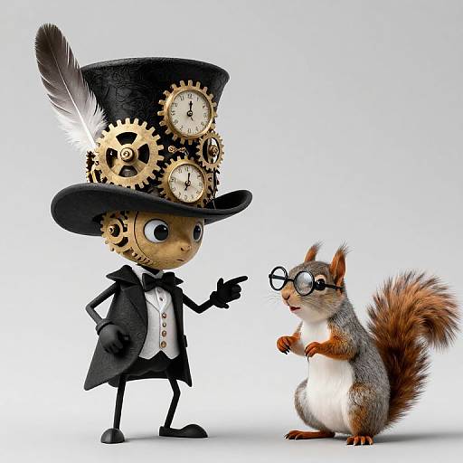 CGI image of a steampunk squirrel in a black top hat with gears and a feather, pointing at a bespectacled, standing gray