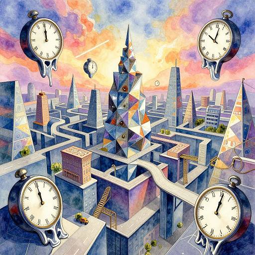 Surreal digital artwork: Floating clock faces surround a geometric, multi-colored cityscape with staircases, cars, and a glowing sunset sky.
