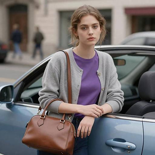 Young Woman Leaning on Blue Convertible