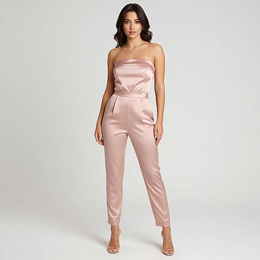 Photograph of a woman with medium skin tone, dark wavy hair, wearing a pink satin strapless jumpsuit and nude high-heeled sandals,