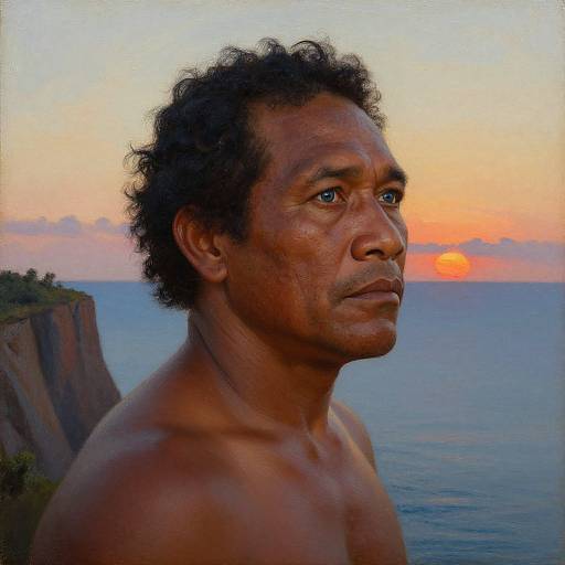 Photograph of a shirtless, middle-aged, dark-skinned man with curly black hair, gazing at a vibrant sunset over the ocean and cliffs