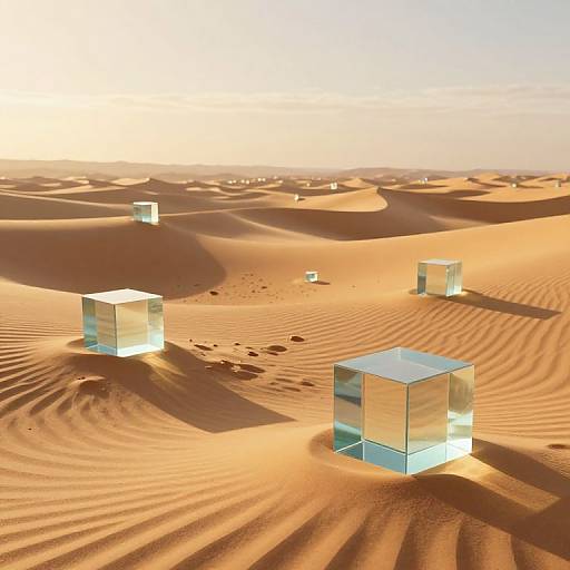 Photograph of transparent glass cubes scattered across an endless desert with rippled sand dunes under a bright, clear sky.