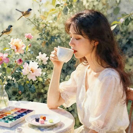 Photograph of a serene woman with long brown hair, white blouse, sipping tea, surrounded by colorful flowers, birds, and sunlight.