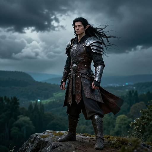 Photorealistic digital artwork of a fierce, long-haired man in medieval armor standing on a rocky cliff, under a stormy, cloudy sky with a