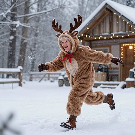 Elderly man in reindeer costume, brown fur suit with antlers, red bowtie, running in snowy forest, wooden cabin with lights in