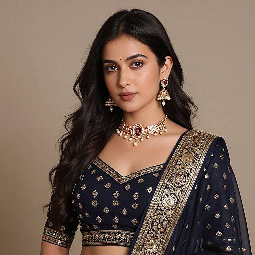 Photograph of a beautiful South Asian woman with long black hair, wearing a black embroidered blouse, gold jewelry, and a red gemstone choker,
