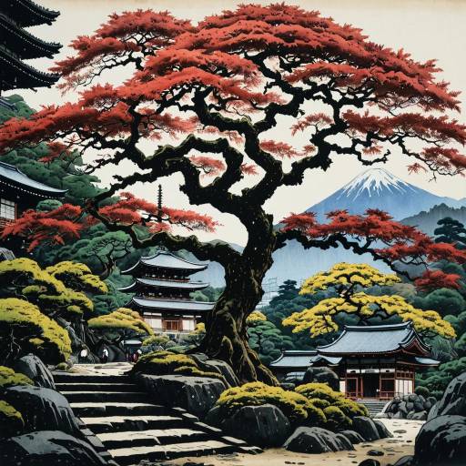 Watercolor Painting of Japanese Maple Tree in Kyoto Garden Watercolor Painting of Japanese Maple Tree in Kyoto Garden