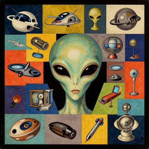Digital collage of alien-themed objects: UFOs, alien head, spaceship, helmet, globe, radar, spaceship interior, rocket, and more, on