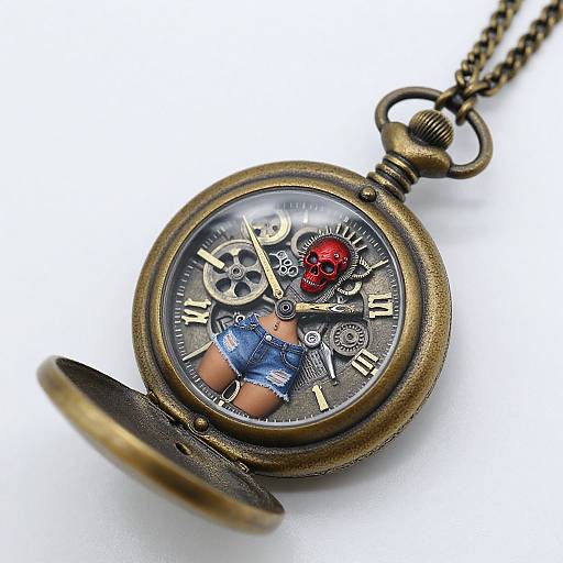 Photograph of an antique brass pocket watch with intricate gears, a red skull, and a small figurine in blue overalls, open lid tilted.