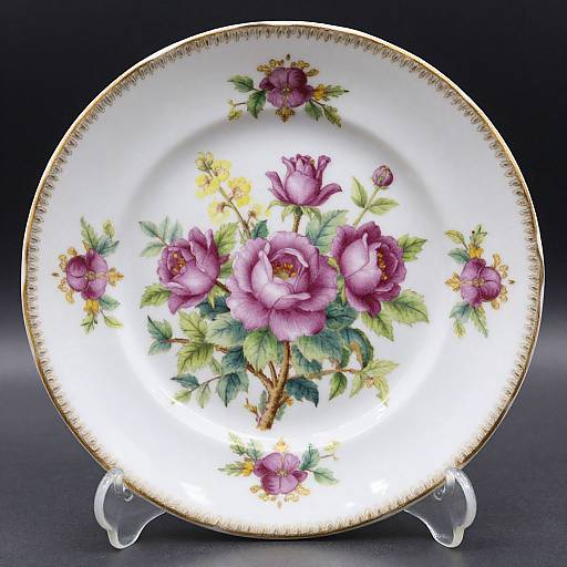 Photograph of an ornate, circular porcelain plate with detailed purple roses, green leaves, and gold-trimmed edges, displayed on a clear stand