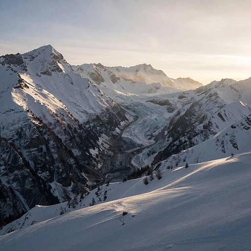 Snow-Capped Peaks and Glacial Valley at Sunset