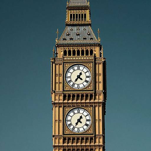 Photograph of the iconic Big Ben clock tower against a clear blue sky, showcasing its detailed architecture and two visible clock faces.