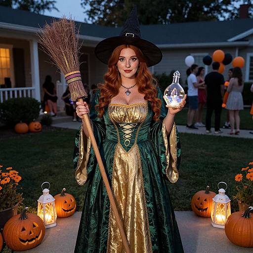 Photograph of a red-haired woman in a green and gold witch costume, holding a broom and glowing glass bottle, in a Halloween-lit backyard
