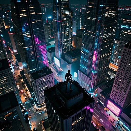 Aerial night photograph of a cityscape with a lone figure standing on a rooftop, surrounded by brightly lit skyscrapers with neon lights. Urban,