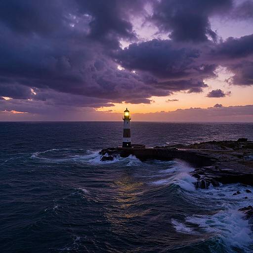 Photograph of a solitary lighthouse standing on rocky waters, silhouetted against a dramatic sky with purple clouds and a glowing orange sunset. Waves