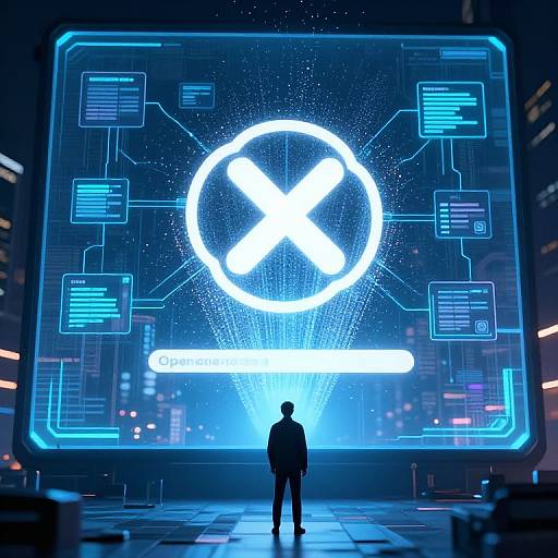 Photorealistic CGI of a man in a dark suit standing before a massive, glowing blue holographic interface with a bright 
