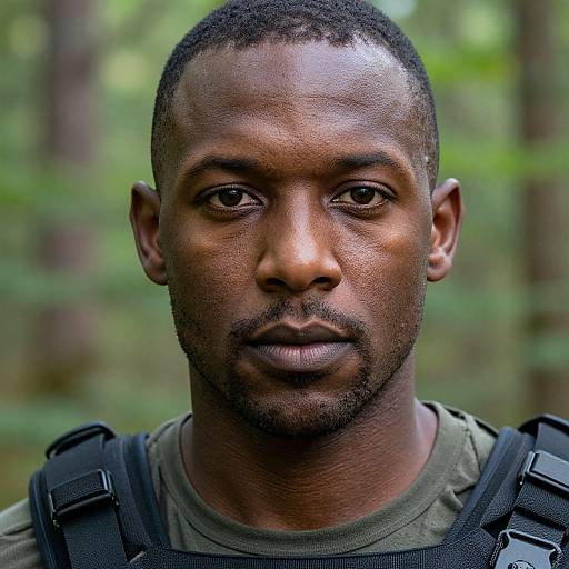 Photograph of a serious, short-haired, dark-skinned man with a trimmed beard, wearing a green shirt and black tactical vest, in a blurred