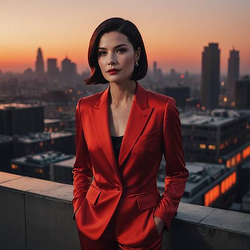Woman in Red Satin Suit on Rooftop at Sunset