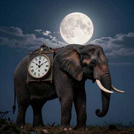 Photograph of a large, dark-skinned elephant with a vintage clock on its back, standing under a bright full moon in a starry night sky