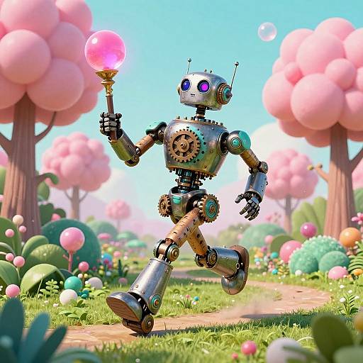 Steampunk Robot in Whimsical Garden