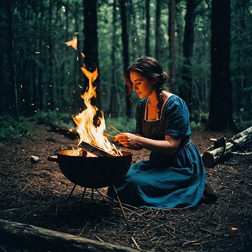 Woman Kneeling by Campfire in Forest