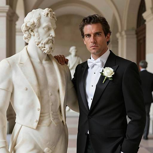 Elegant Man Beside Marble Statue