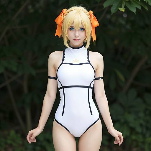 Digital artwork of a blonde anime-style woman with blue eyes, orange hair ribbons, white high-cut swimsuit, black trim, standing against a dark