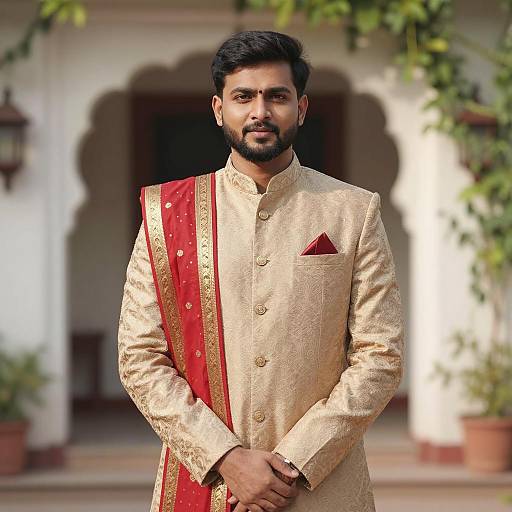 Indian Man in Traditional Sherwani with Red Shawl