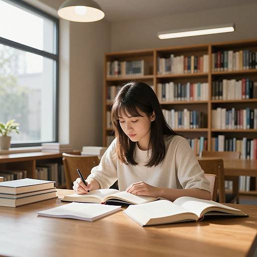 Photograph of an Asian woman with black hair, wearing a white sweater, writing in a notebook at a wooden table in a sunlit library with book