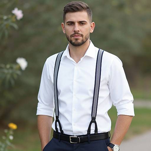 Photograph of a handsome, bearded man with short dark hair, wearing a white shirt, black suspenders, and black pants, standing outdoors with