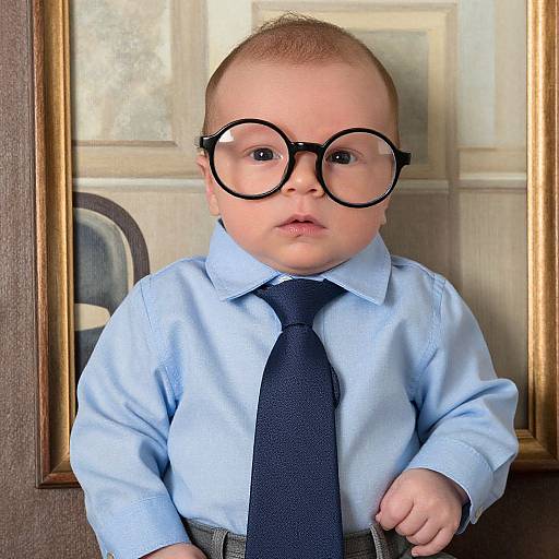 Photograph of a cute, fair-skinned baby with round black glasses, blue dress shirt, and black tie, standing in front of a framed window