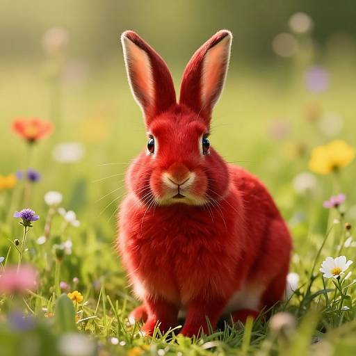 Photorealistic digital artwork of a vibrant red rabbit with large ears, sitting in a sunlit meadow filled with colorful wildflowers.