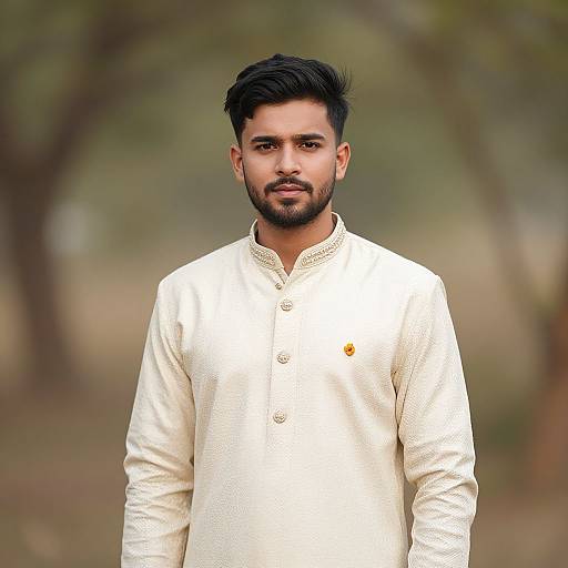 Photograph of a bearded South Asian man with dark hair, wearing a cream-colored traditional kurta, standing in a blurred outdoor forest background.
