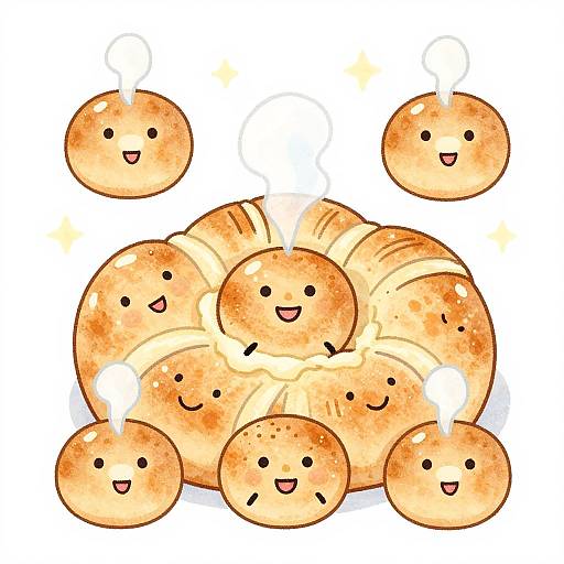 Cute digital drawing of smiling, steam-emitting, round, golden-brown bread rolls arranged in a pile, featuring cheerful expressions and small black eyes