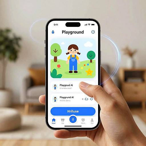 Photograph of a hand holding a smartphone displaying the Playground app with a cartoon child icon, bright colors, and 