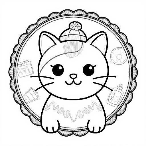 Cute black-and-white line drawing of a chibi-style cat with large eyes, a smile, and a scalloped circular background.