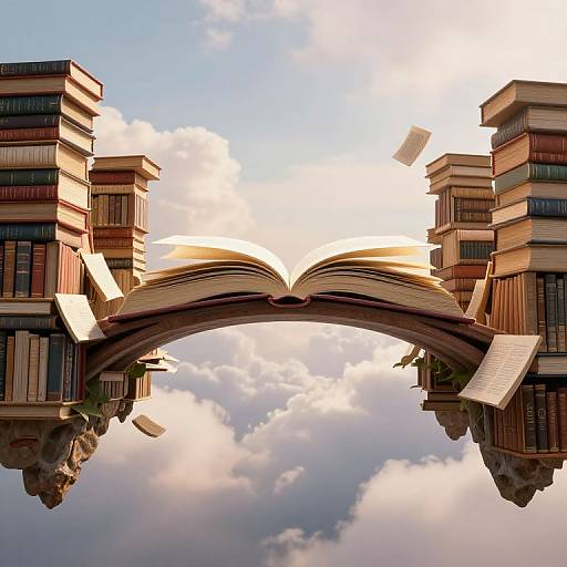 Digital artwork: An open book arches between two towering stacks of books, set against a bright, cloudy sky. Pages float around, creating a surreal