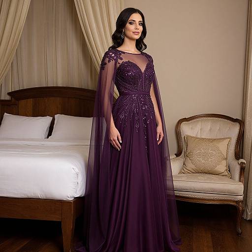 Photograph of a dark-haired woman in a sheer, deep purple evening gown with floral embroidery, standing beside a wooden bed and beige armchair in a