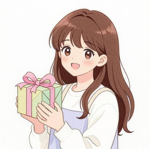 Anime-Style Embroidery Girl with Present