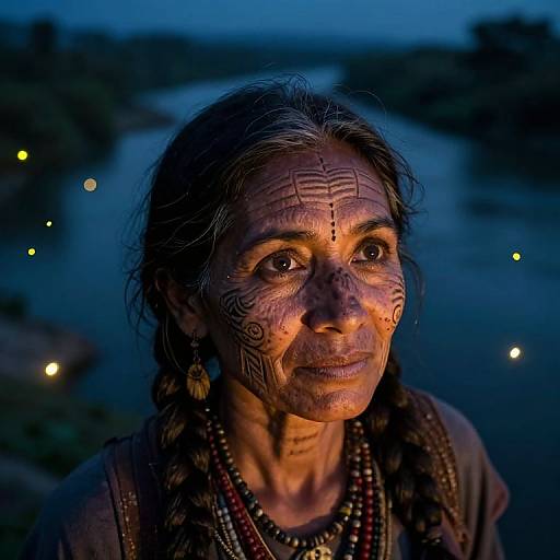 Photograph of an indigenous woman with dark skin, intricate facial tattoos, and braided hair, illuminated by warm orange light against a blue twilight background.