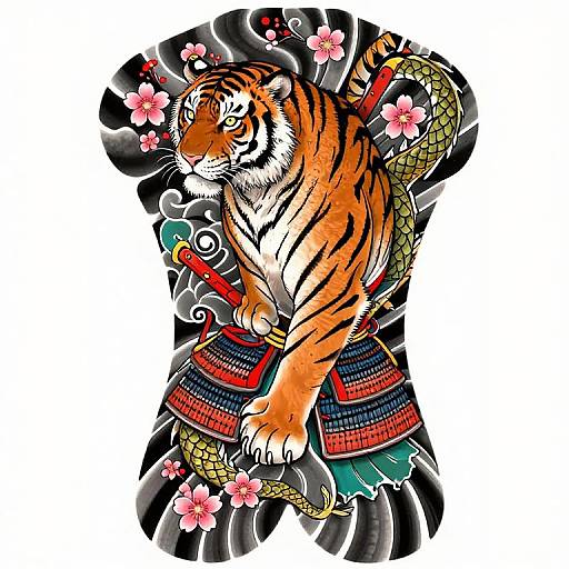 Digital illustration of a fierce, orange-striped tiger wearing traditional Japanese samurai armor with a sword, surrounded by cherry blossoms and black swirling patterns.