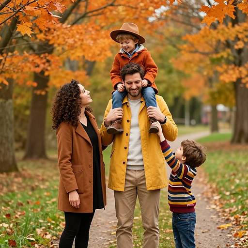 Photograph of a bearded man in a yellow coat carrying a child in a brown hat on his shoulders, with a curly-haired woman and a boy