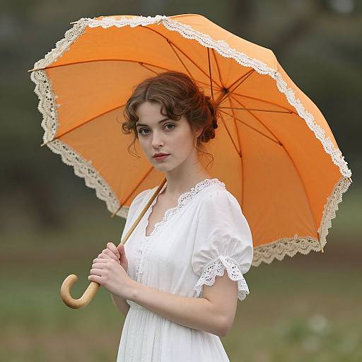 Photograph of a young woman with fair skin and red curly hair, wearing a white lace dress, holding an orange lace-trimmed umbrella, standing