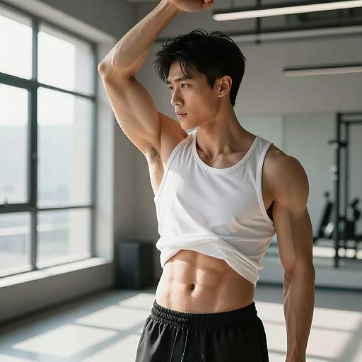 Photograph of a muscular Asian man with short black hair, wearing a white tank top and black shorts, stretching in a bright, modern gym with large